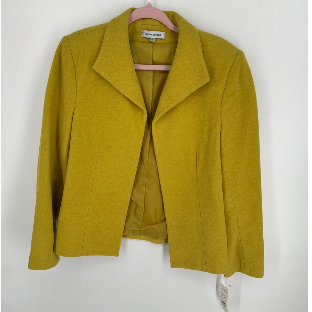 Harve Benard Mustard Yellow Wool Cashmere Blend Open Front Blazer Jacket Size 14